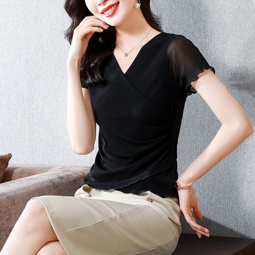 Dryworld2025 Soim Summer Foreign Women's New Cross Classic Classic Color Color Design Slim Mesh Base Top Sleeve T Black [haut de gamme polyvalent 9923] M