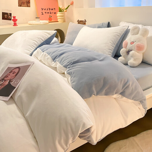 Fu丨Anna milk velvet four-piece set winter 2025 new coral velvet quilt cover bed sheet three-piece set milk white + baby blue bed sheet style 1.5m four-piece quilt cover 180*220