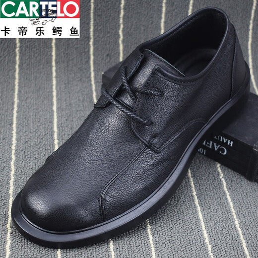 CARTELO crocodile leather shoes for men in spring and autumn, versatile lace-up soft leather men's shoes, business casual trendy first-layer cowhide men's shoes, black shoes 40