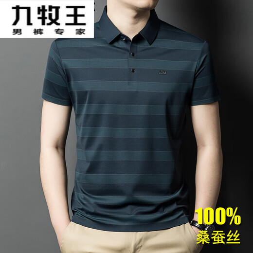 
Jiumuwang's new Jiumuwang mulberry silk short-sleeved striped T-shirt for men's lapel casual middle-aged polo syrup silk T9818# blue M 165 [Suggested 90-120Jin [Jin equals 0.5 kg]]