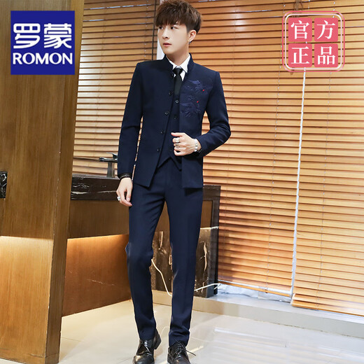 罗蒙（ROMON）男士西装套装中国风潮流中山装修身帅气西服一套结婚青年立领外套 酒红色单件上衣+领带 M