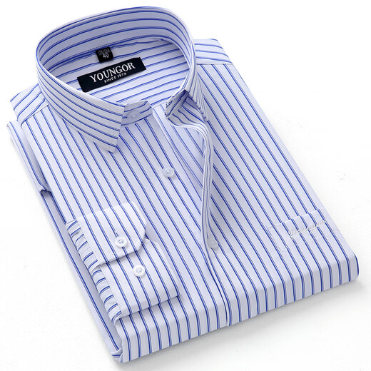 CEO Yageol Long Sleeve Men's Shirt 2025 New Pure Cotton Stripe Business Anti-Wrinkle-Free Middle-aged White Shirt 2077# Blue Fine 38