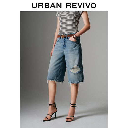 
UR2025 summer new women's clothing retro washing whisker casual cropped jeans UWJ850038 blue 26