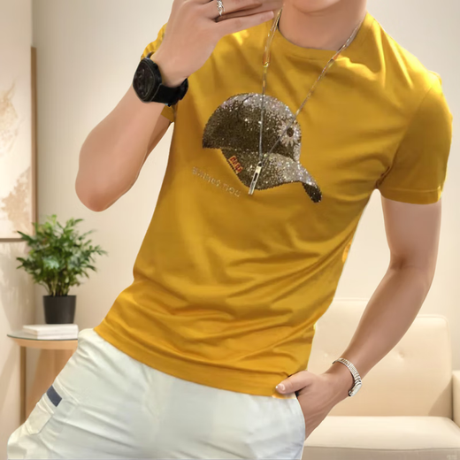 Giocp Hong Kong Trendy Brand Sommer Neuer mercerisierter Baumwollhut-Bügeln Diamant Kurzarm Internet Promi Persönlichkeit Trendy Slim Hälfte T-Shirt Männer Orange 733 Hut 3xl