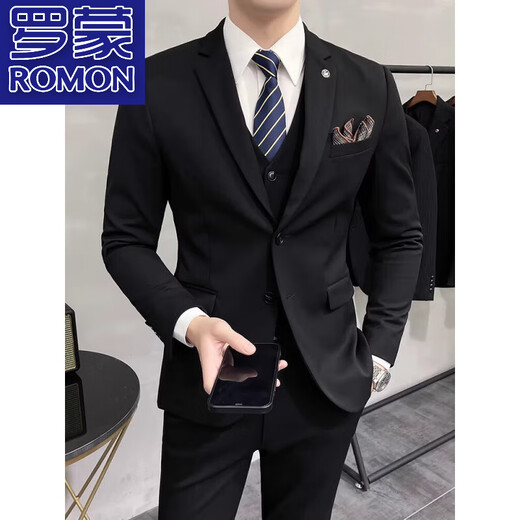 Romon Autumn No-Iron Traje Conjunto de negocios British Business Casual Rear Workwear Slim Groom Groom de boda un traje gris-medio de hebilla + pantalones, revestimiento negro XL 52