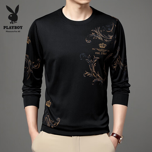 花花公子（PLAYBOY）中青年男士夏季冰丝长袖t恤薄款圆领2025新款中年男打底衫体恤潮 B6627上青 M 165/105/48100-120斤