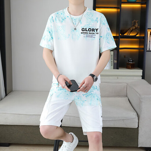 Antata Mall mismo estilo que Duck Star Rokerke 2025 Summer Nuevo set de manga corta adolescentes para hombres Shorts All-Match Sports casual Set 6187 Blue M