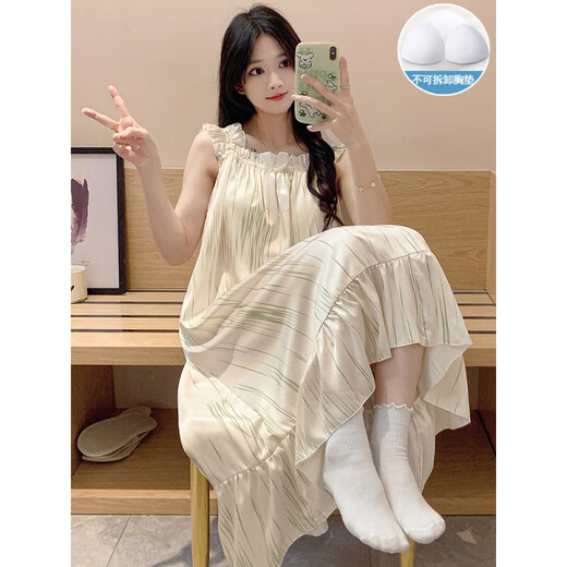 康多蜜冰丝睡衣女夏季薄款加长款吊带睡裙绸带胸垫士夏天水墨画感家居服 SSM-3888[自带胸垫] M [75-100斤]