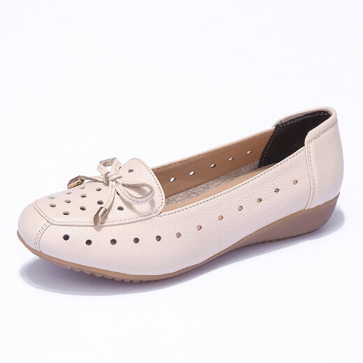 Belle chaussures célibataires en cuir véritable talon plat Chaussures en cuir d'âge moyen et âgés Sandales d'été creux chaussures de trous pour femmes d'âge moyen 1697 chaussures de trou vert 34