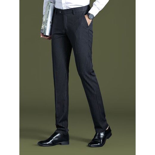 
Goldlion striped trousers for men 2025 new ice silk straight slim casual pants draped business formal suit summer thin 9902-Gray stripes-Summer thin 29
