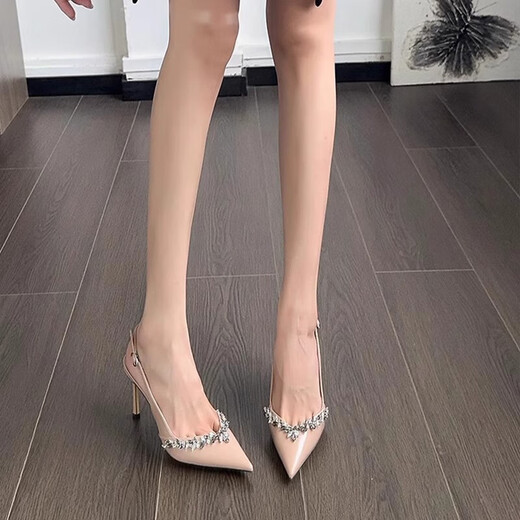 Lugeli francés puro desnudo tacones altos para mujeres en primavera y verano zapatos de trabajo en el lugar de trabajo de los pies puntiagudos de la punta zapatos de cuero zapatos de tacones delgados tacones de albaricoque 7cm 38