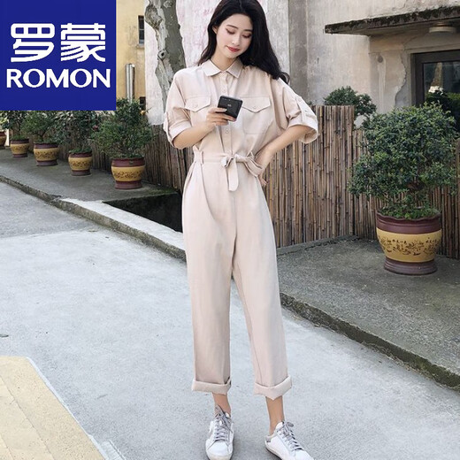 罗蒙（ROMON）时尚短袖工装连体裤女2025夏季新款小个子休闲宽松阔腿直筒连衣裤 浅杏色 S 80-95斤