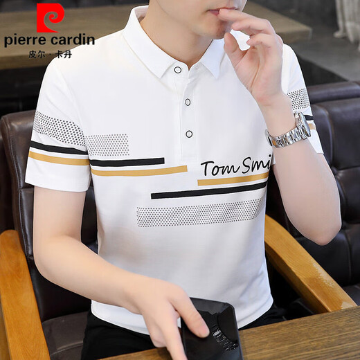 Pierre Cardin Lapa para hombres Camiseta de manga corta Algodón puro 2025 Summer NUEVO PAPO DAD MEDIA Y POLO SLIM POLO CAMISA Rayas K12129 Caki + K12129 Azul M