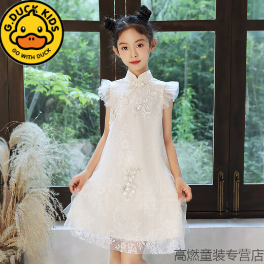 G.DUCKKIDS中国风女童旗袍裙夏季儿童改良汉服连衣裙大童薄款国风古筝演出服 浅蓝色 130