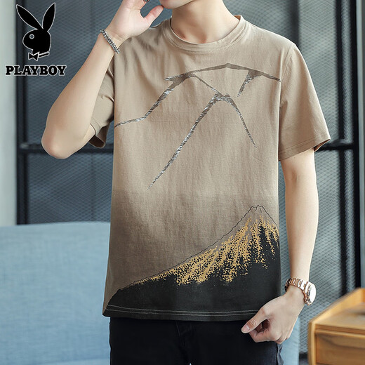Playboy (PLAYBOY) men's short-sleeved summer new loose casual men's round neck boys' half-sleeved bottoming shirt versatile T-shirt top trendy t 829 Khaki M