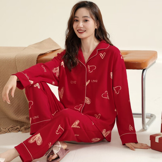 Mizu couple wedding red pajamas big red pajamas women's cotton natal spring and autumn set wedding autumn and winter W9754 set M 7090Jin [Jin equals 0.5 kg]