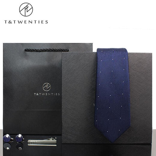 T&Twenties老钱风真丝男士正装领带配饰礼盒手打商务深蓝色桑蚕丝美式复古潮 【领带+领带夹+袖扣】_套组645_