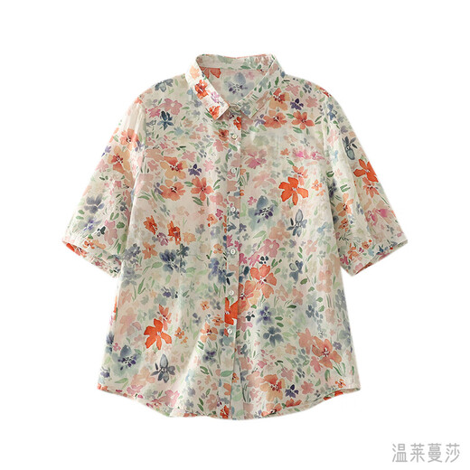 Wenlaimansha Guangdong Puning Shirt for Women 2025 new fashion large-size printed cotton linen short-sleeved loose breathable linen top yellow 1278 M recommended 115Jin [Jin equals 0.5 kg] below