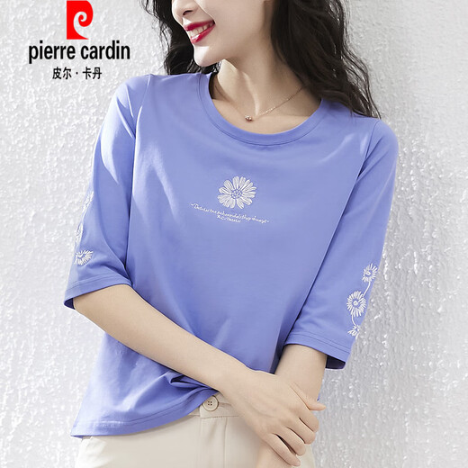 皮尔卡丹（pierre cardin）棉质中袖t恤女士宽松韩版短袖体恤2025年新款夏季七分袖春秋上衣 1DS057蓝紫+W9793冰蓝 M