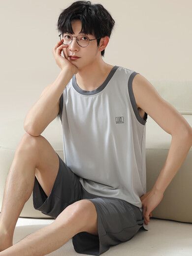 独孤伽罗大码背心冰丝睡衣男可外穿夏季短裤莫代尔新款休闲家居服两件套 D12027 L 均码