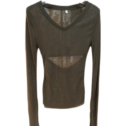 Ran Yilan's same style summer hollow sunscreen long-sleeved T-shirt for women early autumn new V-neck slim leaky back thin bottoming shirt top 7371 Gray S