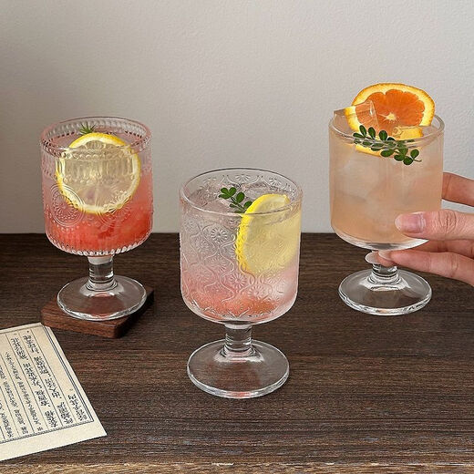 鸣誉【4只混装】复古浮雕混合花纹酒杯喝水杯红酒杯高脚杯饮料果汁杯 混合纹4个