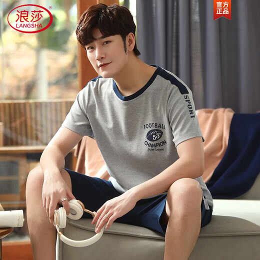 LangSha light luxury high-end rich pajamas men's summer pure cotton short-sleeved thin large-size youth cotton men's home clothing set A679 [Cotton] L [Suggested 110-130Jin [Jin equals 0.5 kg]]