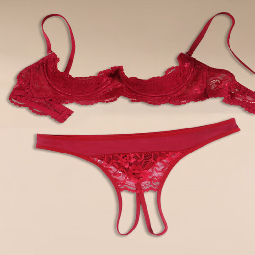 Victoria's style quarter bra, half cup lace sexy suit, underwired small breasts, hollow sexy underwear, red-suit S