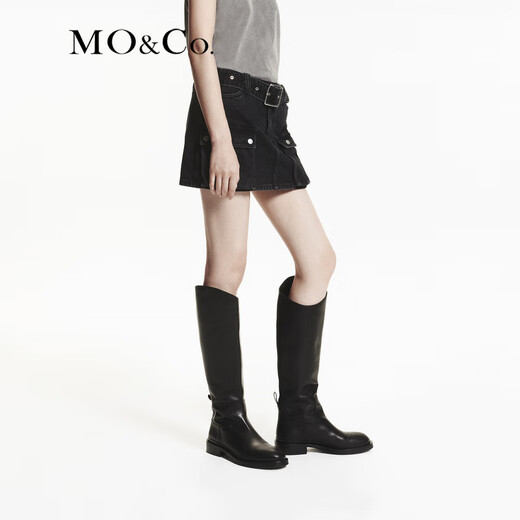 MO&Co. Cool low-waisted denim culottes with cargo pockets, A-line shorts, rock wash and belt, Moanco, denim black, M 27