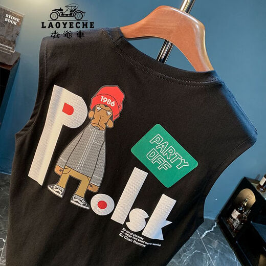 老爷车（LAOYECHE）夏季薄款背心男潮流印花宽松无袖T恤衫吸湿透气休闲运动健身汗衫 黑色 【JSW9923-A】 M 适合90-108斤穿