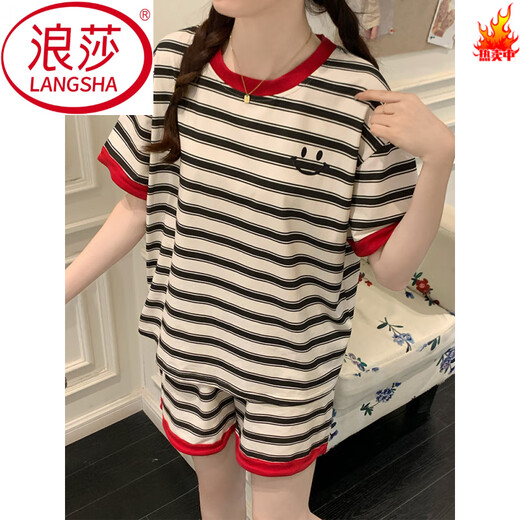 LangSha Korean striped smiley pajamas for women in summer thin simple style short sleeve shorts for wear outside 2025 new home clothing 1416 striped smiley face L