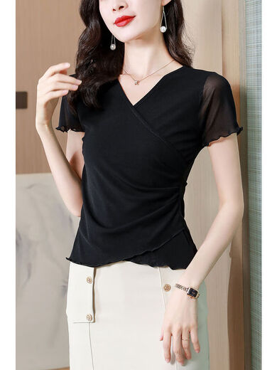 Dryworld2025 Soim Summer Foreign Women's New Cross Classic Classic Color Color Design Slim Mesh Base Top Sleeve T Black [haut de gamme polyvalent 9923] M