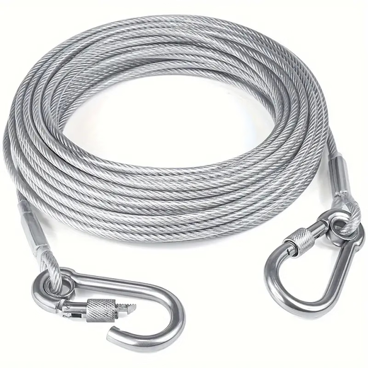 Extended stainless steel dog traction rope dog leash small, medium and large dog pet steel wire rope thick chain dog rope anti-bite silver gray + double-ended carabiner rope thickness 3 mm total rope length 2 meters