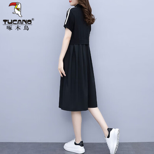 Дятел летнее толстое ММ в корейском стиле свободное облегающее платье с короткими рукавами женское большого размера 200Jin Jin равно 0,5 кг Толстая повседневная юбка, закрывающая живот, черная 5XL рекомендуется 180-200Jin Jin равна 0,5 кг