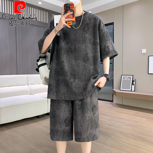 皮尔卡丹夏季薄款酷帅套装男2025年新款帅气穿搭一套短裤短袖t恤休闲运动 T6630米白套装 M 90-110斤