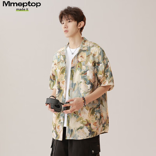 MMOPTOP THAI RETRO Floral Hemd Sommermänner Ice Seide Kühle atmungsaktive kurzärmelige Top MCS16 Sabah Aprikose L.