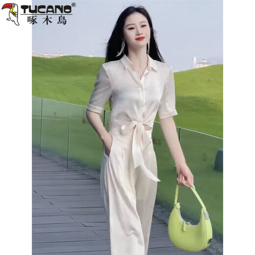 
Woodpecker (TUCANO) high-end internet celebrity fashion suit for women 2025 summer new Korean style lace-up short shirt + wide-leg pants commuting apricot color [set] M [Suggested 105Jin [Jin equals 0.5 kg] below]