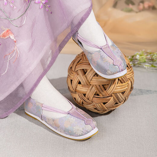 蓝野萌香大唐鞋服夏季复原款唐代如意鞋女复古暗纹百搭古风绣花布鞋平底汉 云薇如意鞋单-紫色跟高3cm 35