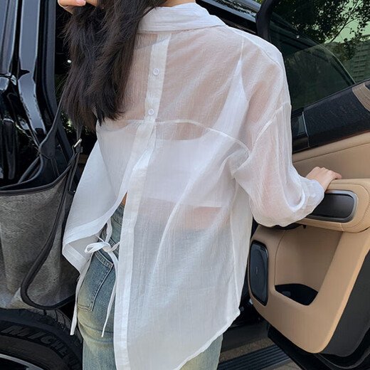 Blue Polo neck long-sleeved sunscreen shirt for women new summer light and breathable back lace-up thin jacket 7054 white [back lace-up sunscreen shirt] XL (applicable to 125-140Jin [Jin equals 0.5 kg])