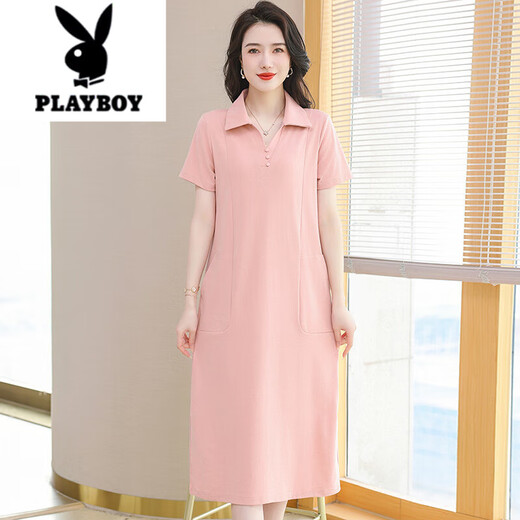Playboy (Playboy) Polo-Nackenkleid für Frauen, Baumwoll-Sommer-Revers, mittelgroße Länge, lockerer, großer, großer Größe, schlanker und modischer T-Shirt-Rock, grünes 9859 Model S 90-100jin [Jin ist gleich 0,5 kg]