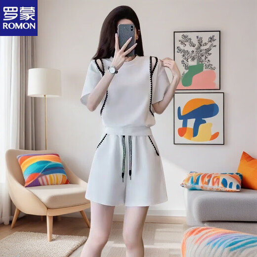 Romon (Romon) modische Sport-Kurzärärmel-Tops für Frauen außerhalb der Schulter für Frauen im Sommer Casual Zweiköpfige modische Fleischabdeckungs Shorts Black [Set] M Empfohlen 80-100 Jin [Jin entspricht 0,5 kg]
