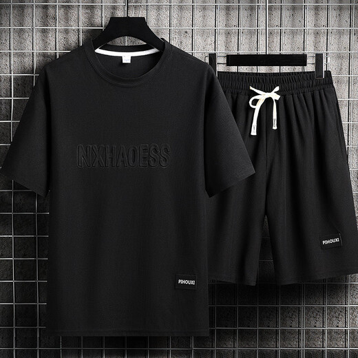 JEEP SPIRIT Jeep Summer Sports Set Trendy Brand Loose Short Sleeve T-shirt Ins Ice Silk T-shirt Shorts Handsome Two-piece Set Single Top-829 Black M (170)