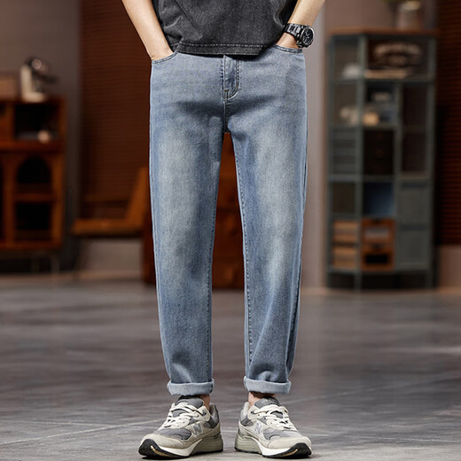 Dibaote 2025 Nouveau jean à neuf points Été élastique élastique mince et graisse plus grosse à la mode à la tendance bleu clair à 9 points Bleu clair ZX9928 30 Recommandé 120-130jin [Jin est égal à 0,5 kg]