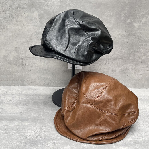 Dark Japanese style irregular pleated design soft brim PU leather octagonal hat with personality, versatile, face-showing small newsboy hat, trendy black (oil wax leather soft newsboy), one size fits all