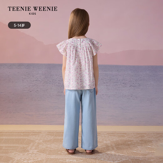 Teenie Weenie Kids Little Bear Children's Clothes Girls' Sweet Floral Round Neck Short-Sleeved Shirt Light Purple 160 cm