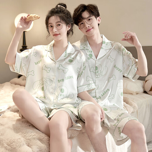 雅鹿情侣睡衣冰丝夏季薄款男女大码宽松可爱卡通可外穿夏天家居服套装 13076-13077 M 女送男L