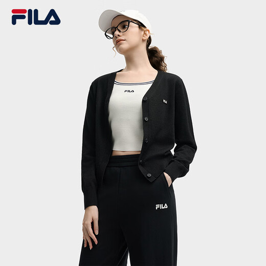 FILA official women's braided jacket 2025 autumn new fashion casual and comfortable V-neck sweater cardigan, black - BK 2XL 180/96A/XXL