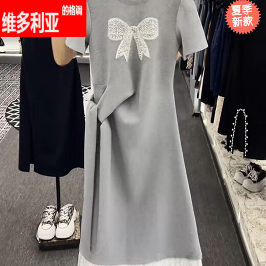 维多利亚的格调重工蝴蝶结短袖连衣裙女2025夏季新款收腰显瘦长裙小个子气质裙子 黑色3524 S 【建议80-100斤】