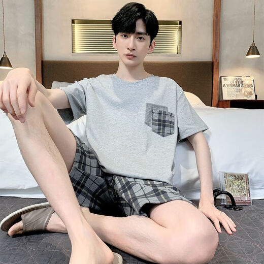 檬纤夏季男士睡衣棉质加肥加大码男夏家居服短袖夏青年韩版薄半袖 9928【H系列男短-袖短裤套装】 L 【100-125斤】