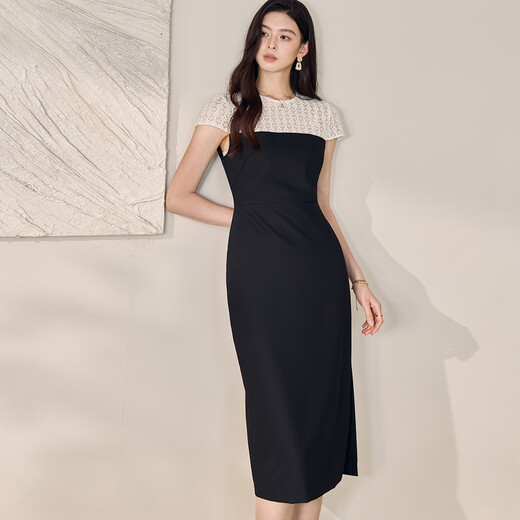 ROEYSHOUSE high-end embroidered patchwork dress for women 2025 summer slim midi skirt 12142 black L